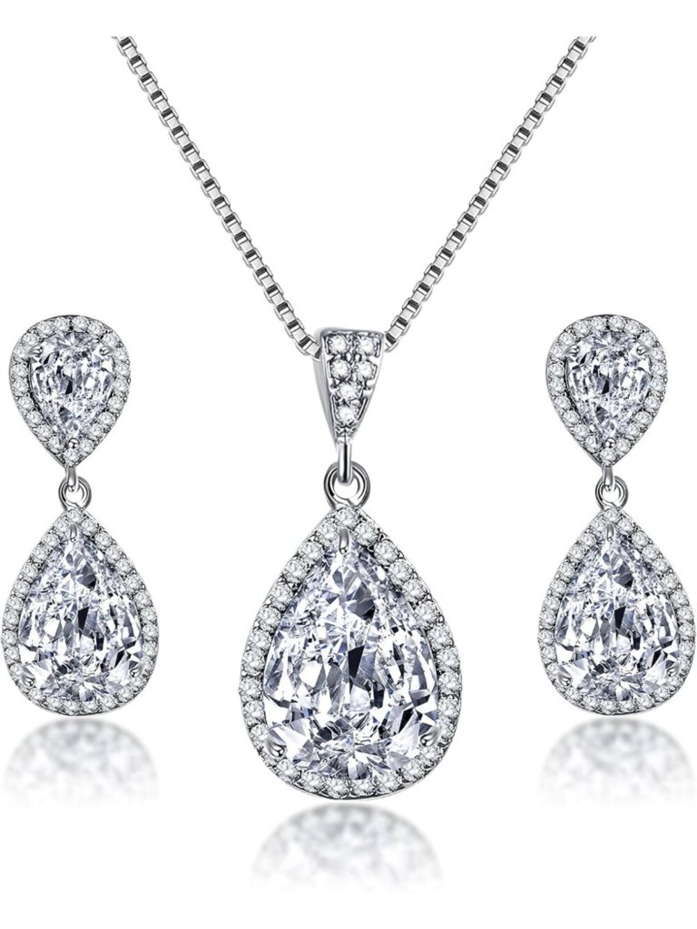 Stunning Silver Teardrop CZ Jewelry Set for Women - Earrings & Necklace Gift